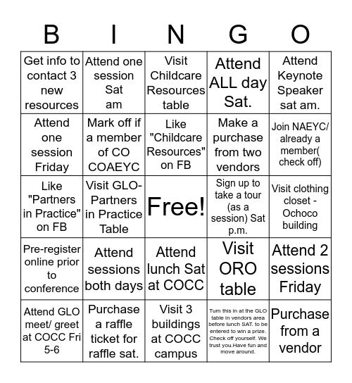 Name____________________Turn this finished card in at the GLO table (in vendors area). 5 in a row or blackout. Drawings for prizes sat at lunch.  Bingo Card