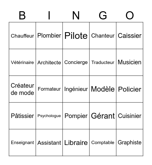 Les métiers / professions Bingo Card