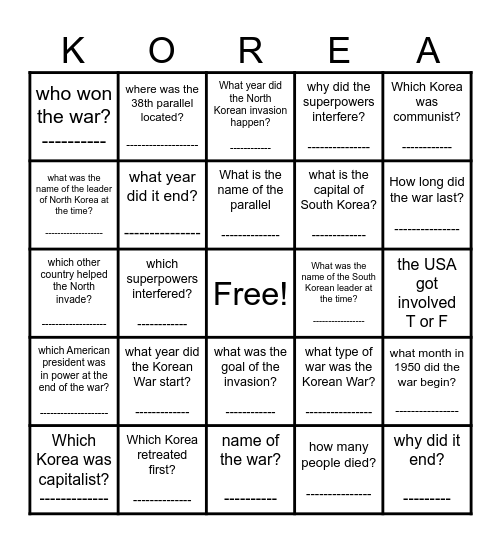 Korean War Bingo Card