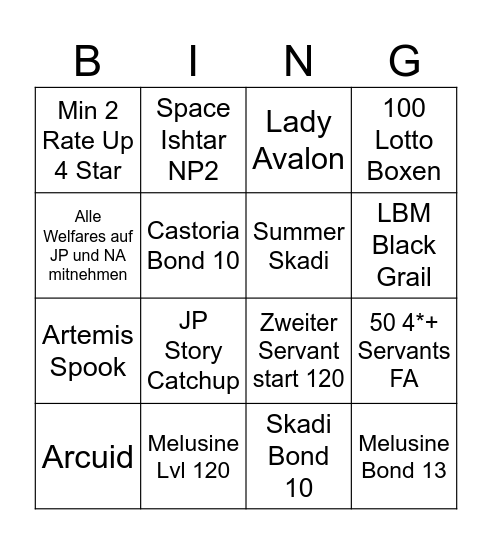 FGO Bingo Card