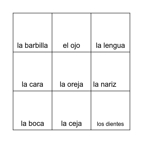 Las partes de la cara Bingo Card