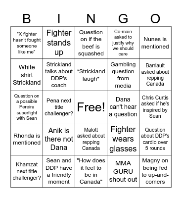 UFC 297 Press Conference Bingo Card