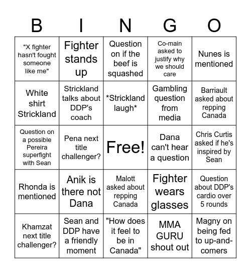 UFC 297 Press Conference Bingo Card