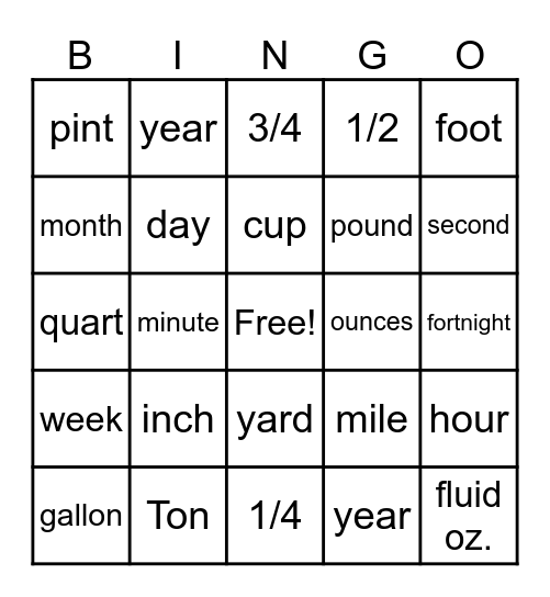 Units of Measure Bingo Card