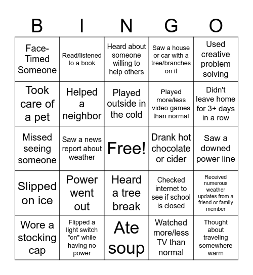 Ice Storm BINGO Card