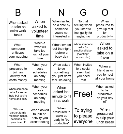 The "Say NO" Bingo Card Bingo Card