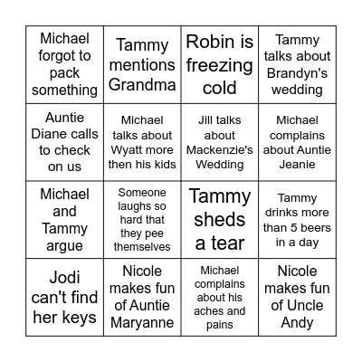 Cousins Weekend Bingo Card