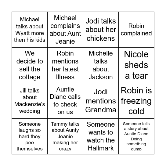 Cousins Weekend Bingo Card