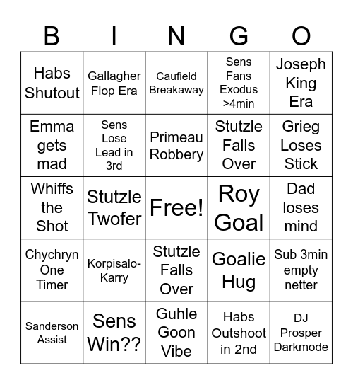 Sens - Habs Game Bingo Card