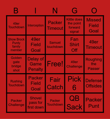 49er Packer Division Bingo Card