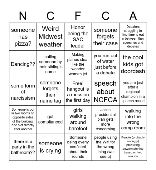 NCFCA Bingo Card