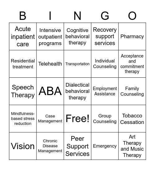 Mental Health Benefits Bingo Card
