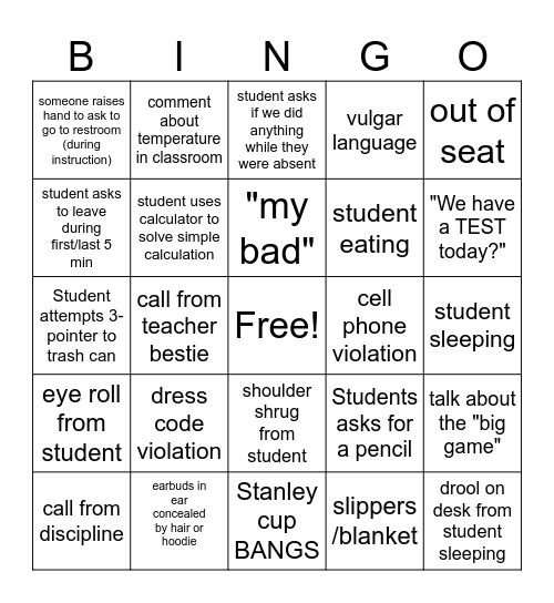 TEACHER Distraction Bingo Card