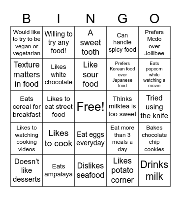 Food Bingo Card