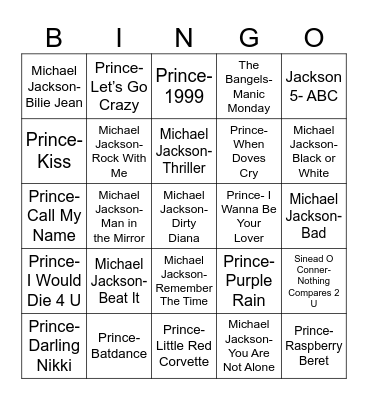 Radio Bingo MJ vs Prince Bingo Card