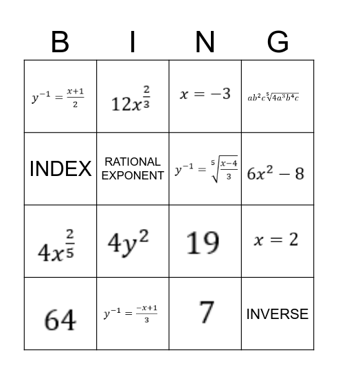 Algebra 2 Bingo! Bingo Card