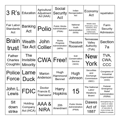 New Deal Bingo Card