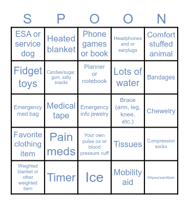 Spoonie Essentials Bingo Card
