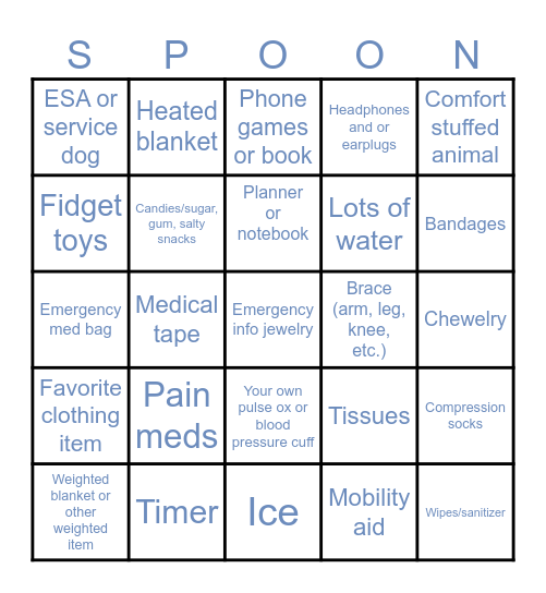 Spoonie Essentials Bingo Card