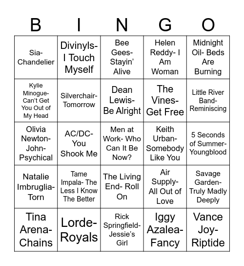 Radio Bingo Down Under Bingo Card