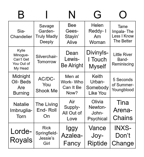 Radio Bingo Down Under Bingo Card