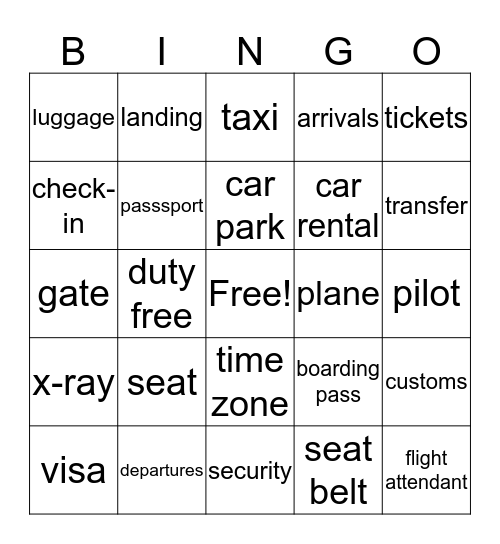 Travel and Airport Bingo Card