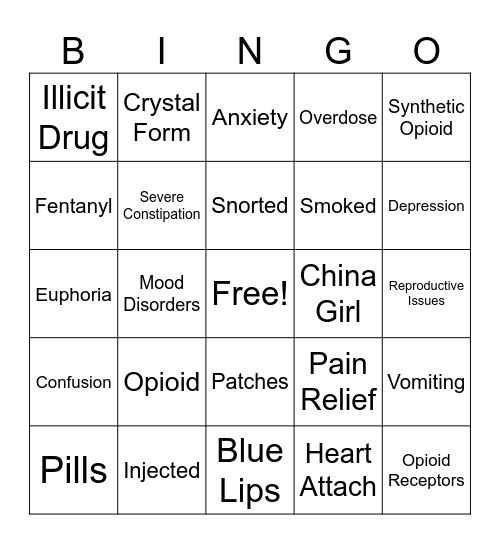 Fentanyl Bingo Card