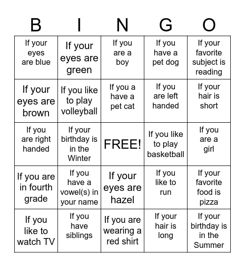 All about ME Bingo Card