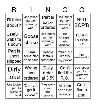 PARTS DEPARTMENT BINGO Card