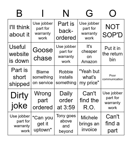 PARTS DEPARTMENT BINGO Card