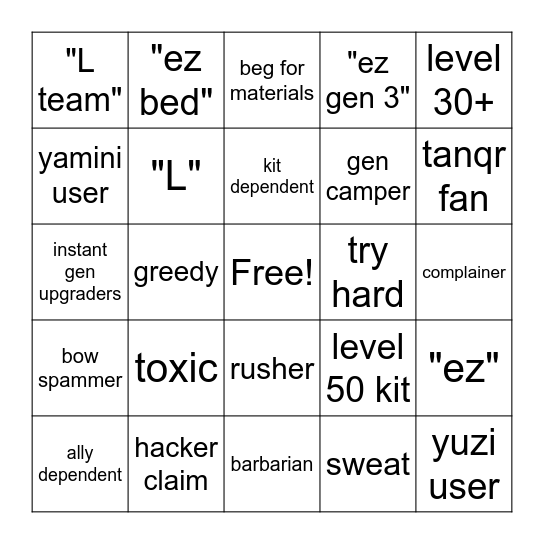 bedwars Bingo Card