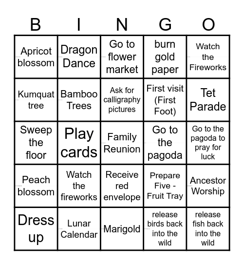 Tet flowers and activities Bingo Card