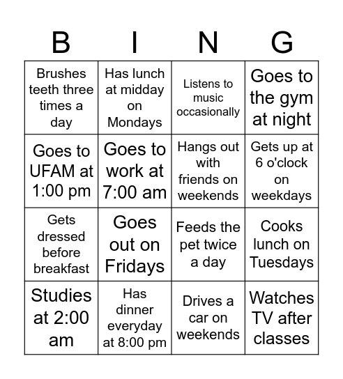 Routine activities Bingo Card