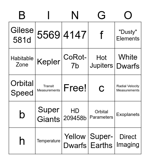 Astronomy Bingo Card