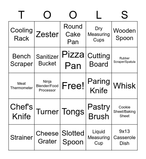 Kitchen Tools Bingo Card