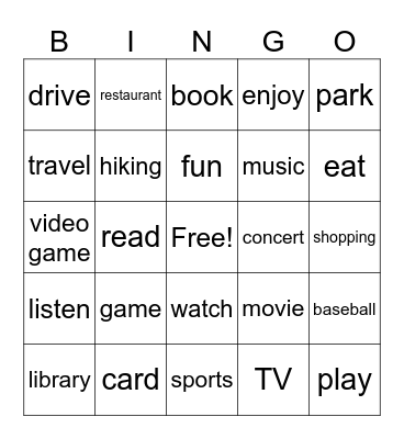 Activities Bingo Card