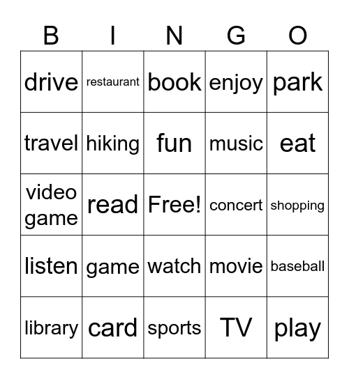 Activities Bingo Card