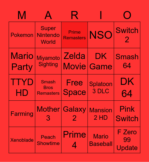 Nintendo Direct Bingo Card Bingo Card