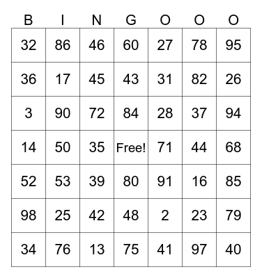 100 days of school Bingo Card