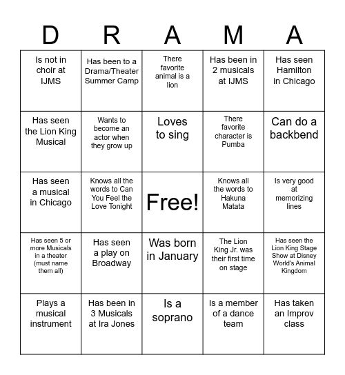 Drama Club Bingo Card