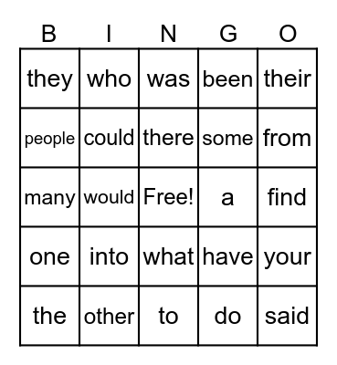 Sight Words  Bingo Card