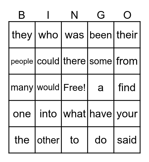 Sight Words  Bingo Card