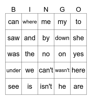 Sight Words Bingo Card