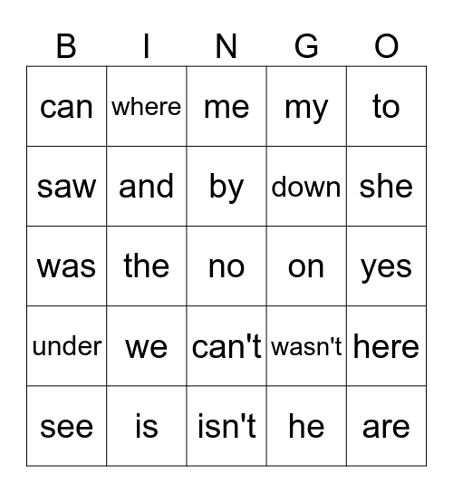 Sight Words Bingo Card