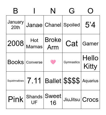Morgan's Sweet 16 Bingo Card