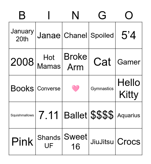 Morgan's Sweet 16 Bingo Card