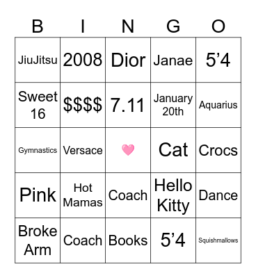 Morgan's Sweet 16 Bingo Card