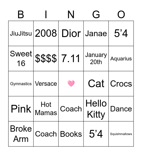 Morgan's Sweet 16 Bingo Card