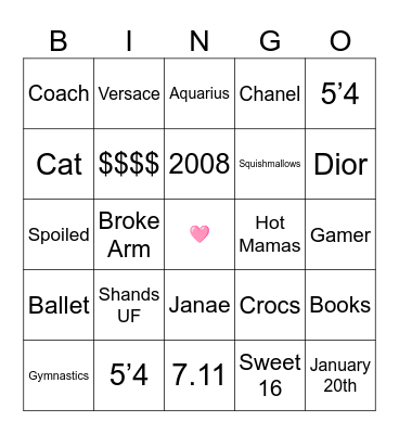 Morgan's Sweet 16 Bingo Card