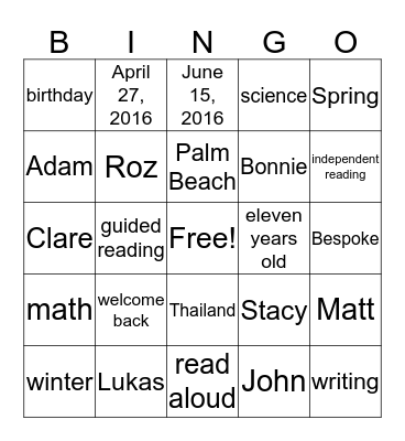 Welcome back Lukas Bingo Card